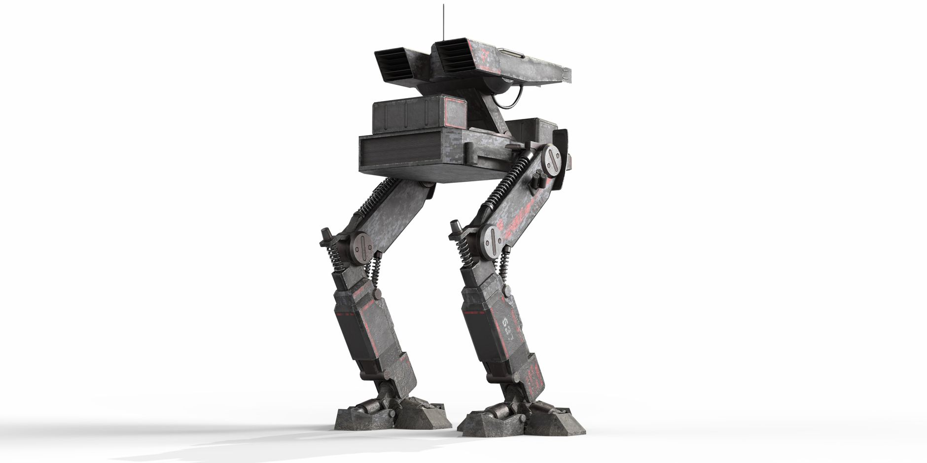 A robotic walker featuring a sleek design and mechanical limbs, set against a white backdrop.