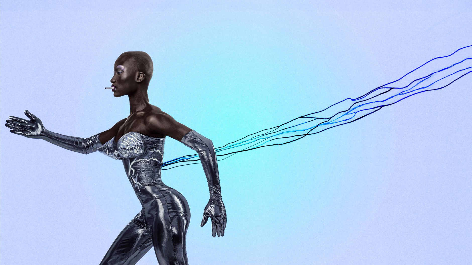 A futuristic art piece showcasing a cybernetic fashion model with wires, set against a light blue background.