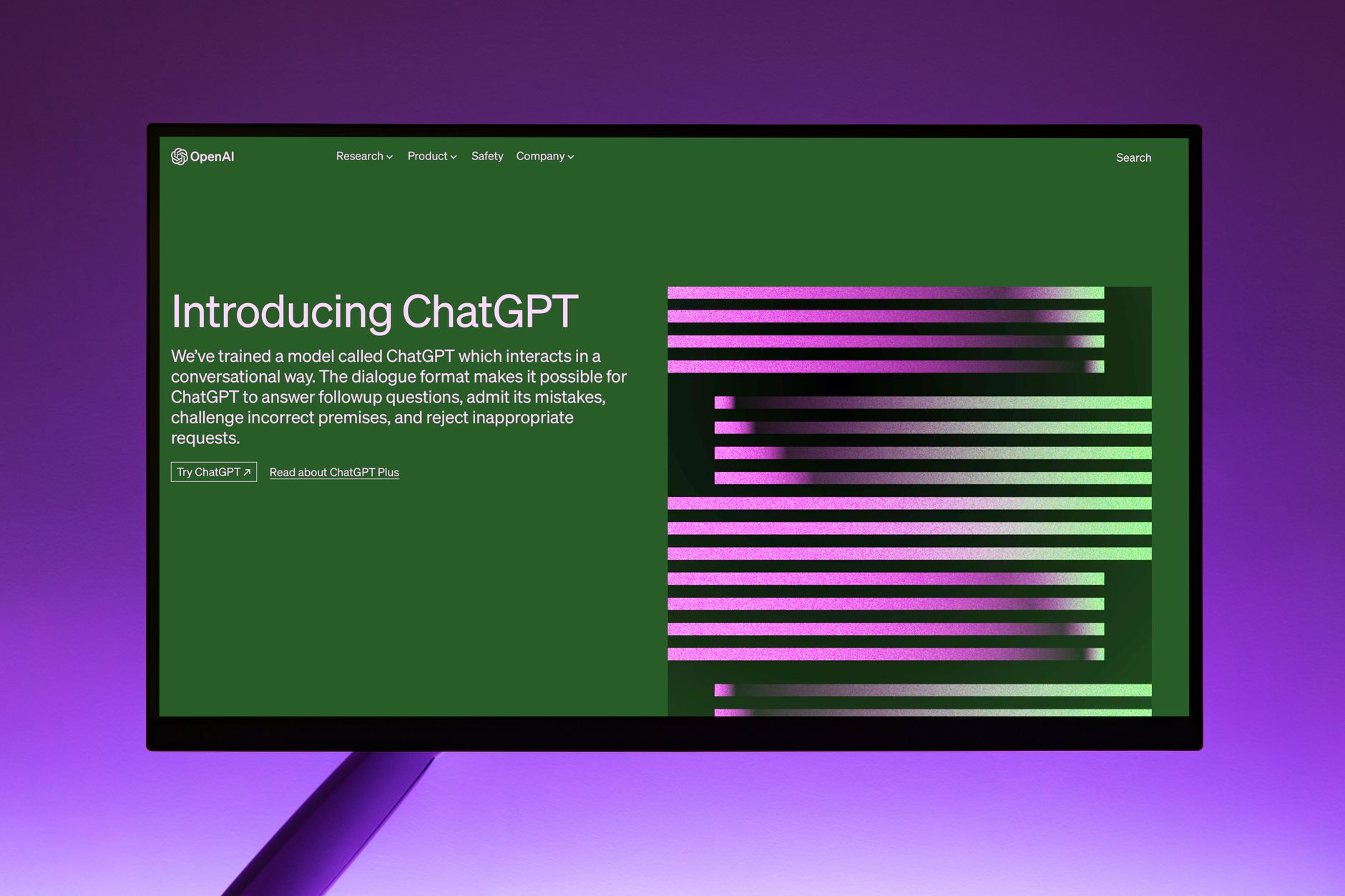 A sleek digital display showcasing ChatGPT's introduction with vibrant colors.