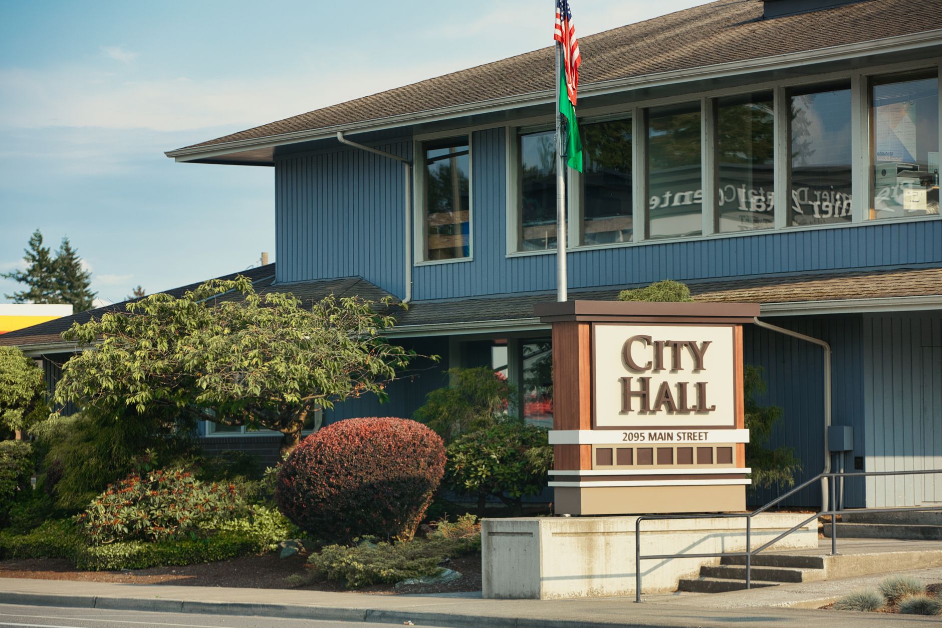 View of Ferndale City Hall on Main Street, showcasing its architectural design and surrounding landscape.